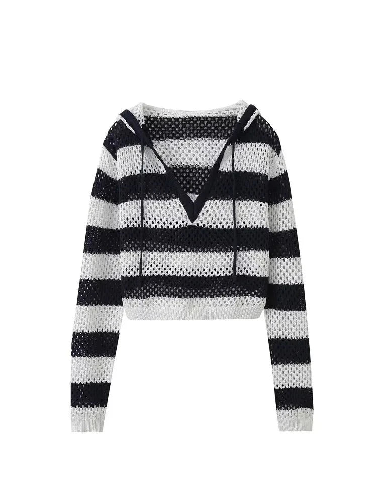 Spring Knitted Tops Woman Trendy Black White Stripes Hooded Hollow Out Female Casual Pullovers