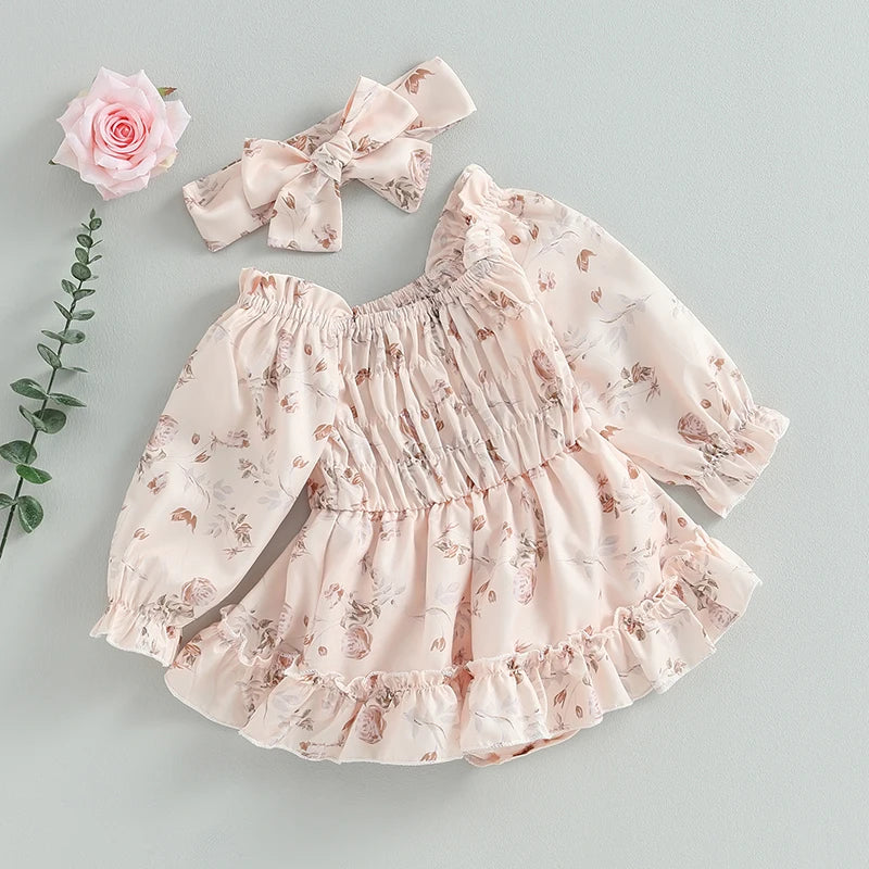 Autumn Infant Baby Girl Fall Outfits Floral Bodysuit Dress Headband Casual Clothes