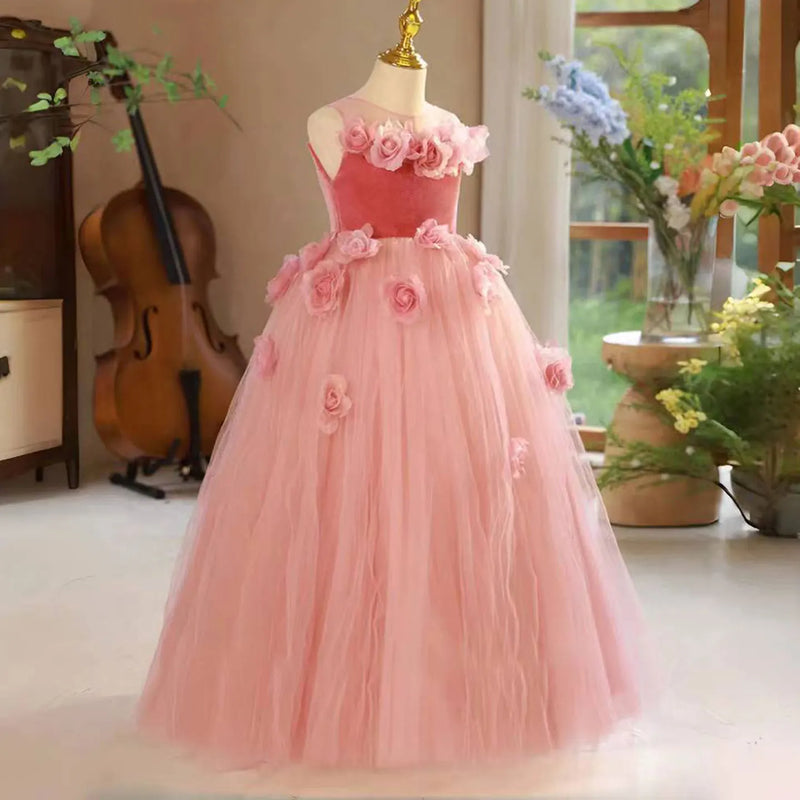 Elegant Pink Girl Dress Handmade Flowers Princess Kids Wedding Birthday Party Long Ball Pageant Gown