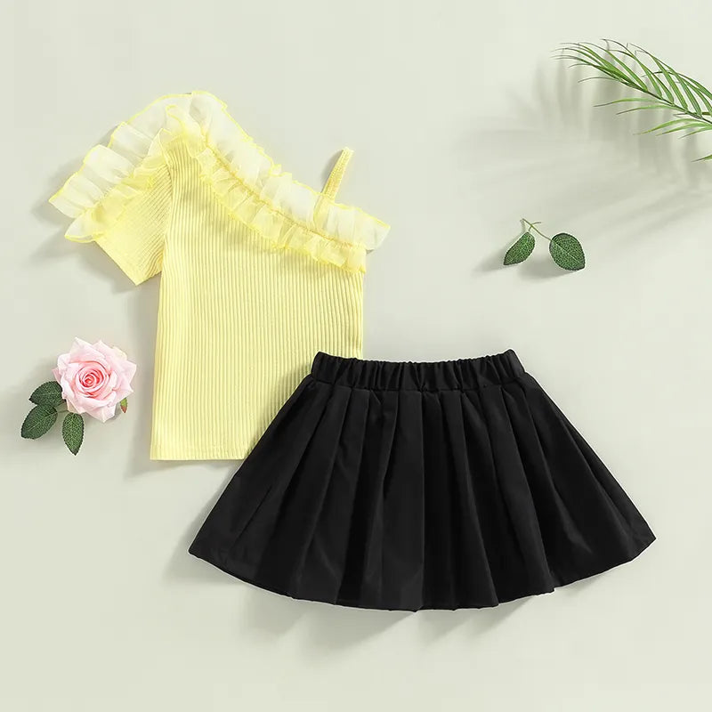 Kids Girls Sweet Skirt Set Short Sleeve Patchwork Tops Elastic Waist Pleated Skirt