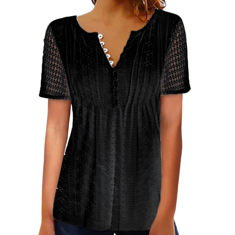 Summer Ladies Shirt Button Half Placket Lace Hollow Out Short Sleeve Solid See-through Women Blouses Top T-shirts