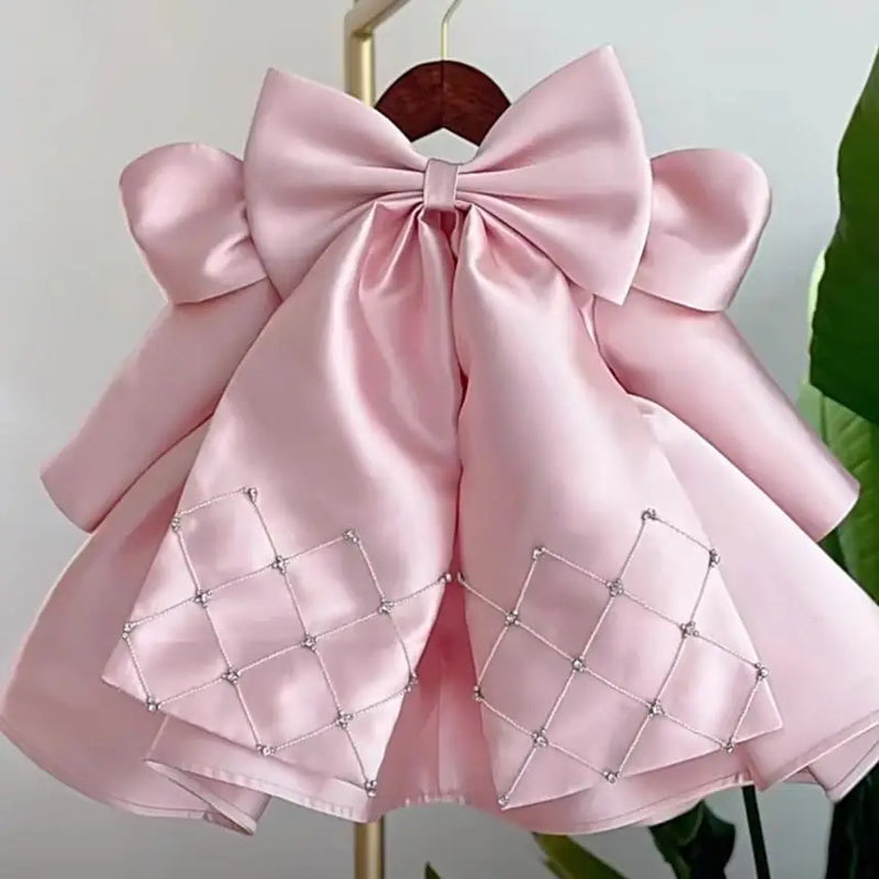 Children's Pink Princess Evening Gown kids Bow Pearls Design Wedding Birthday Baptism Party Dress