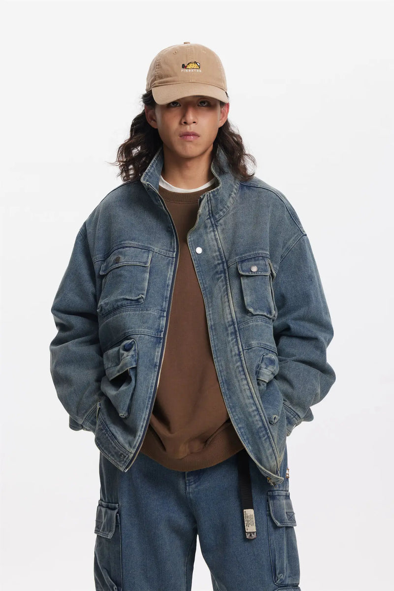 Men Distressed Multi-Pocket Stand Collar Denim Jacket Youth Loose Casual Jacket