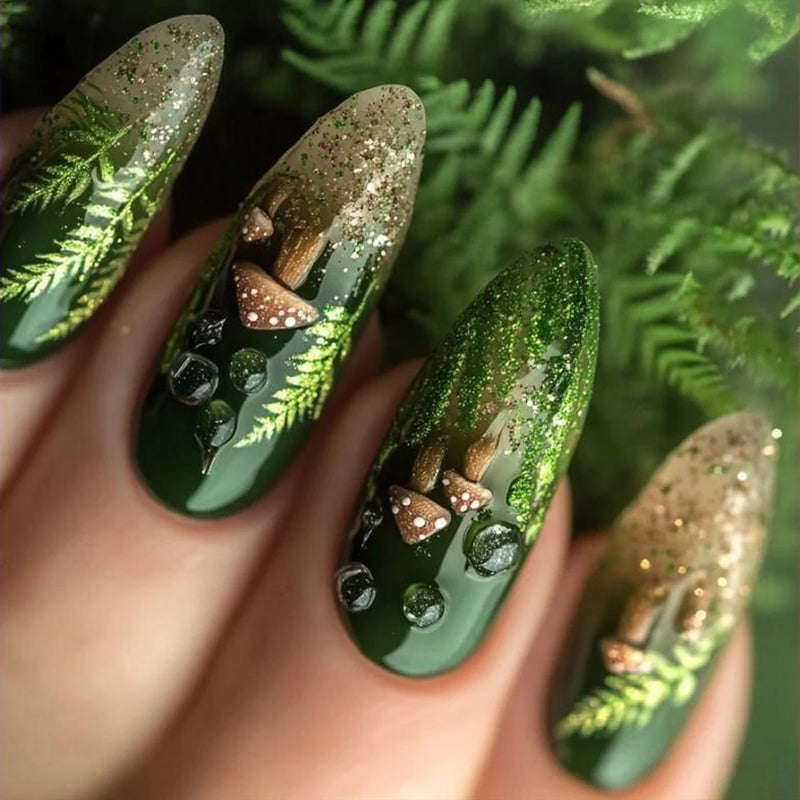 24Pcs Almond Press on Nails Design Fake Nails Leaf False Nails With Green Leaf Designs Acrylic Nail Tips