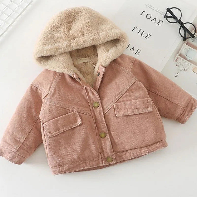 Girls Velvet Denim Coat Autumn Winter Jacket New Children's Thicked Warm Girls Plush Hooded Outerwear