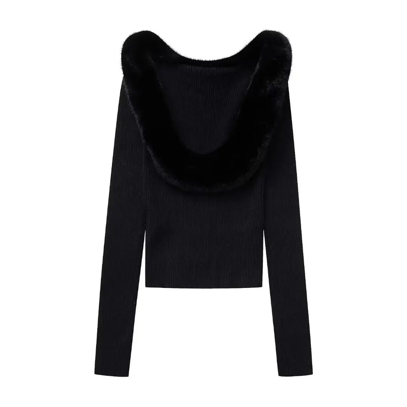 Fur Collar Women's Sweater Knitted Pullovers Sweaters Autumn Knitwears Long Sleeve Top