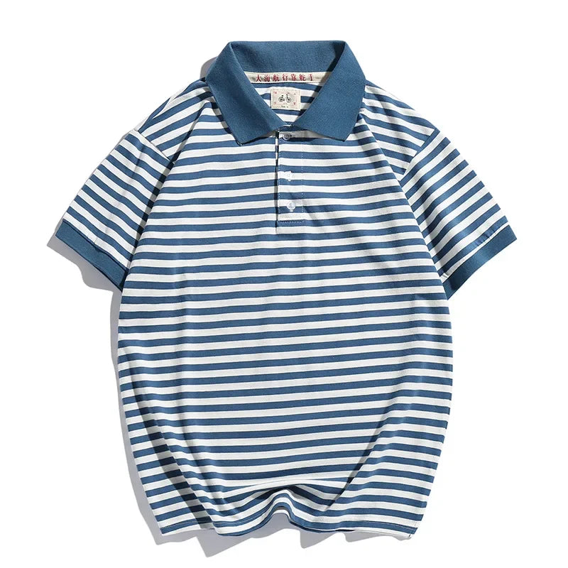 Summer Lapel T-shirt Men Sea Navy Stripe Short Sleeve Polo Shirt Man Women Tees Shirts Couple