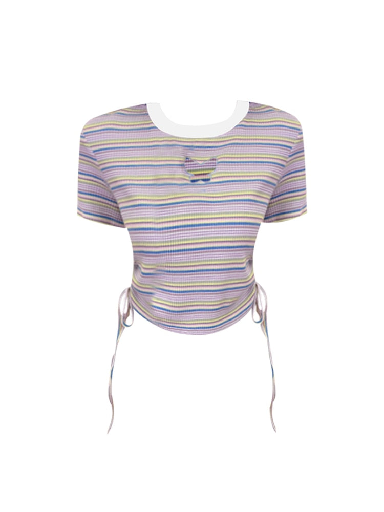 Women's T Shirt Style Green Striped Crop Top Slim Lady T-Shirt Tees Shirt Clothes Vintage