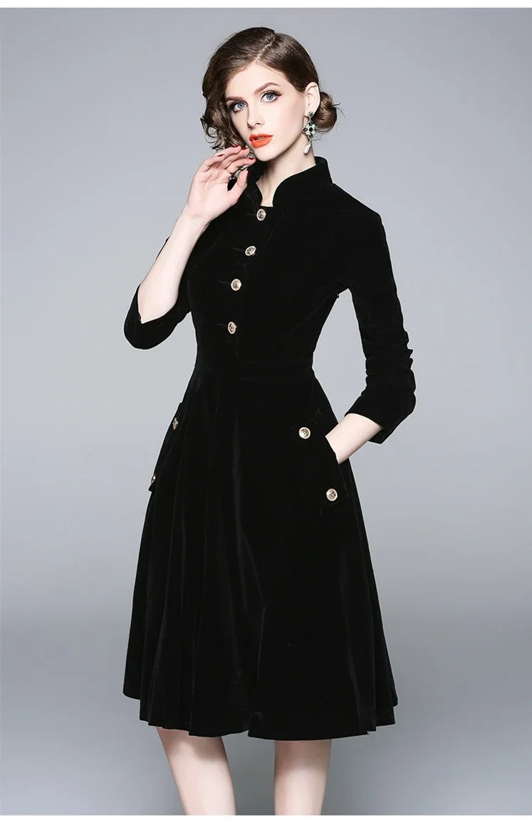 Women Autumn & Winter Elegant Velvet Dress Vintage Party Robe Designer Black