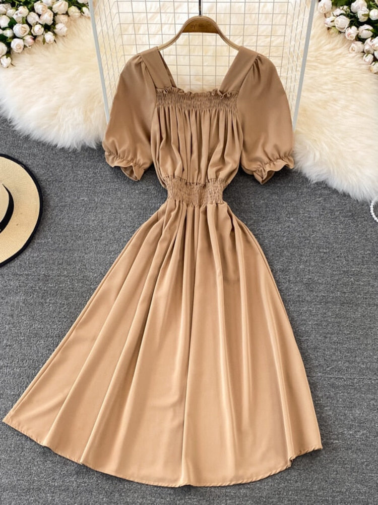 Summer Casual Dress Women Solid Mid-length Puff Sleeves Square Neck Dresses Midi Dress