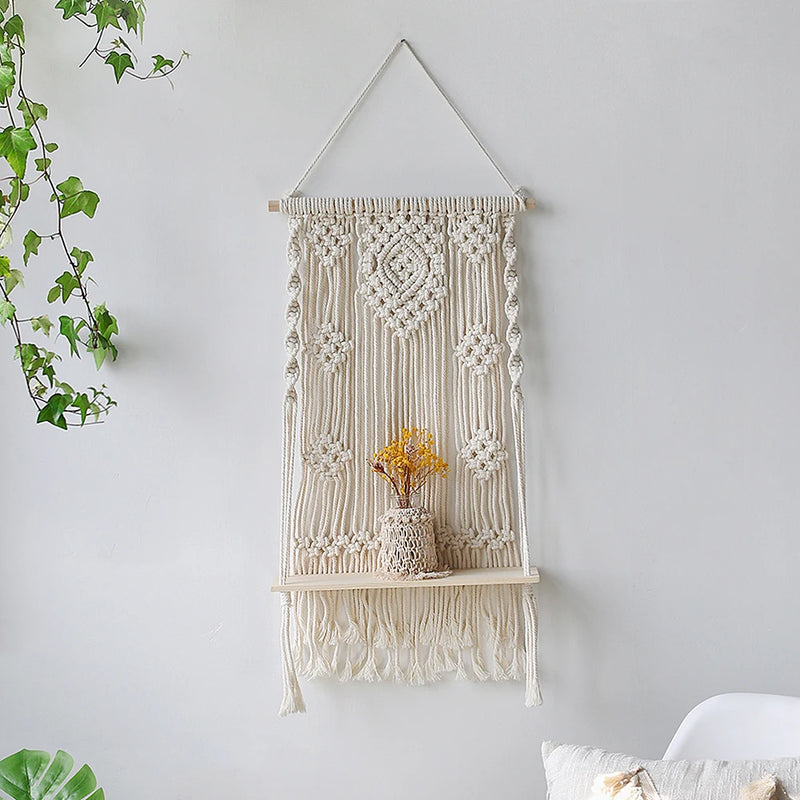 Macrame Wall Shelf Wood Floating Shelves Flower Pot Display Stand Hanging Wall Boho Home Decoration