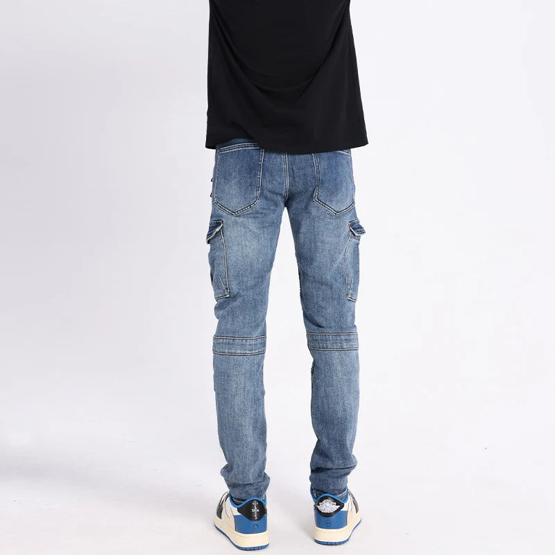 Men Jeans Retro Blue Spliced Patched Elastic Slim Fit Biker Jeans Men Zipper Designer Cargo Pants