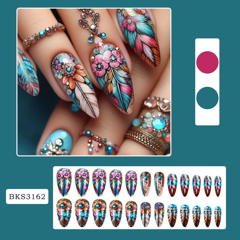 Feathers Press on Nails Diamond Fake Nails Set Floral Pattern Wearable Acrylic Nails Almond Press on Nail Tips