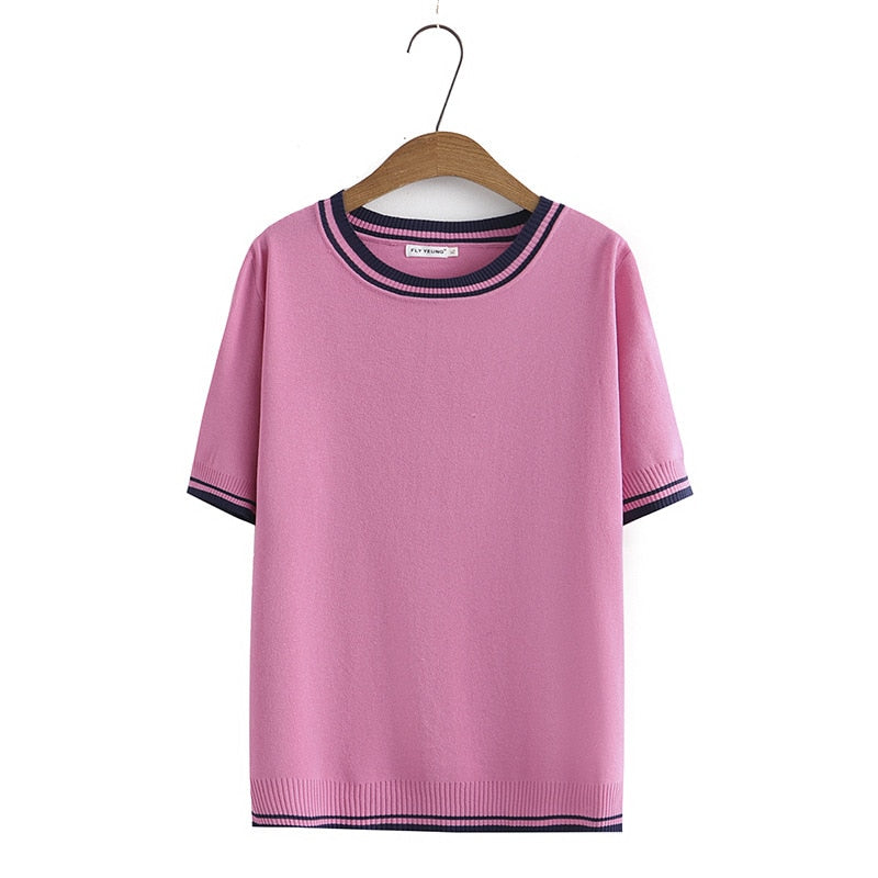 Women T-Shirt Summer Short Sleeve Striped Ice Knitted Tops Loose Tees Oversized Curve Clothes