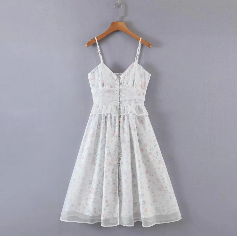 Princess White Floral Ball Gown Sling Organza Dress Women Buttons Slit Spliced Wood ears Swing Midi Fairy