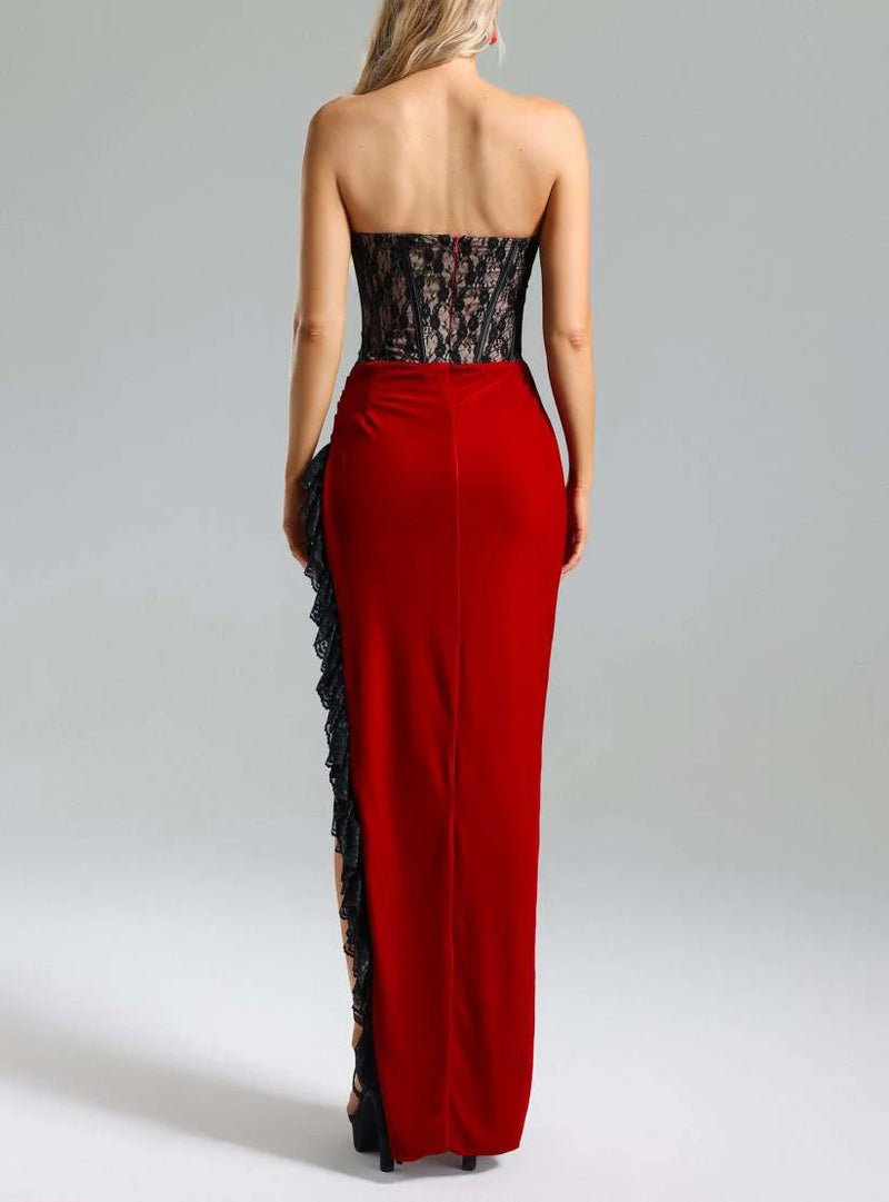 Strapless Lace Patchwork Off Shoulder Backless High Slit Slim Dress Elegant Evening Party Gown