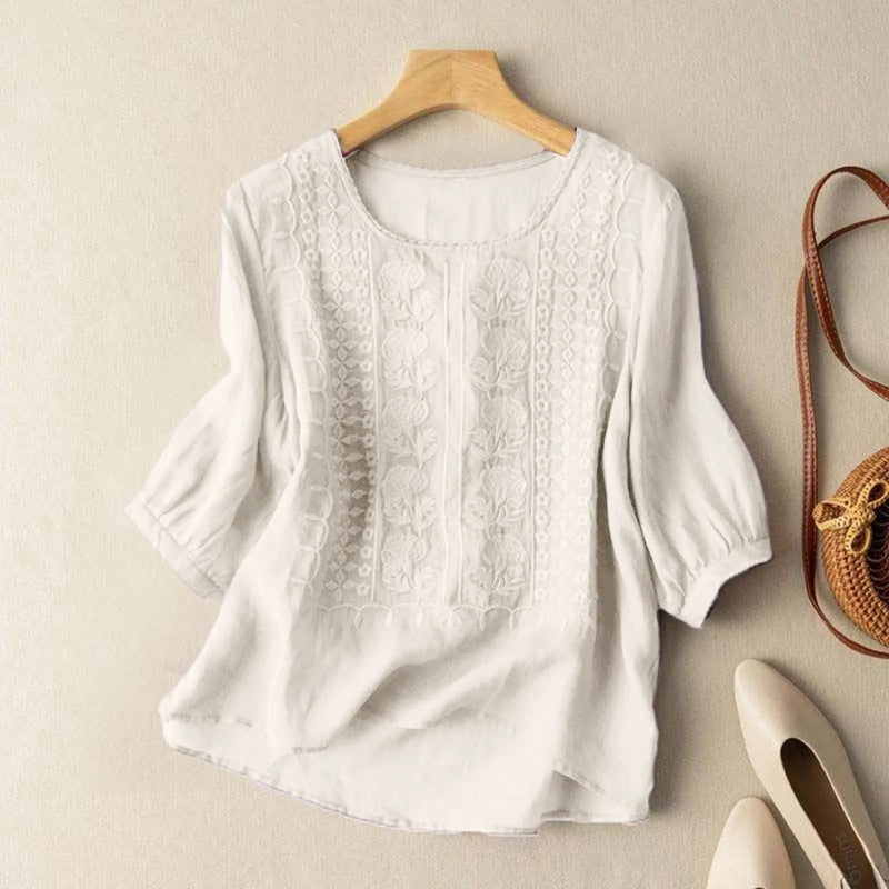 Summer Elegant Shirts Women Retro Cotton Linen Embroidery Blouse