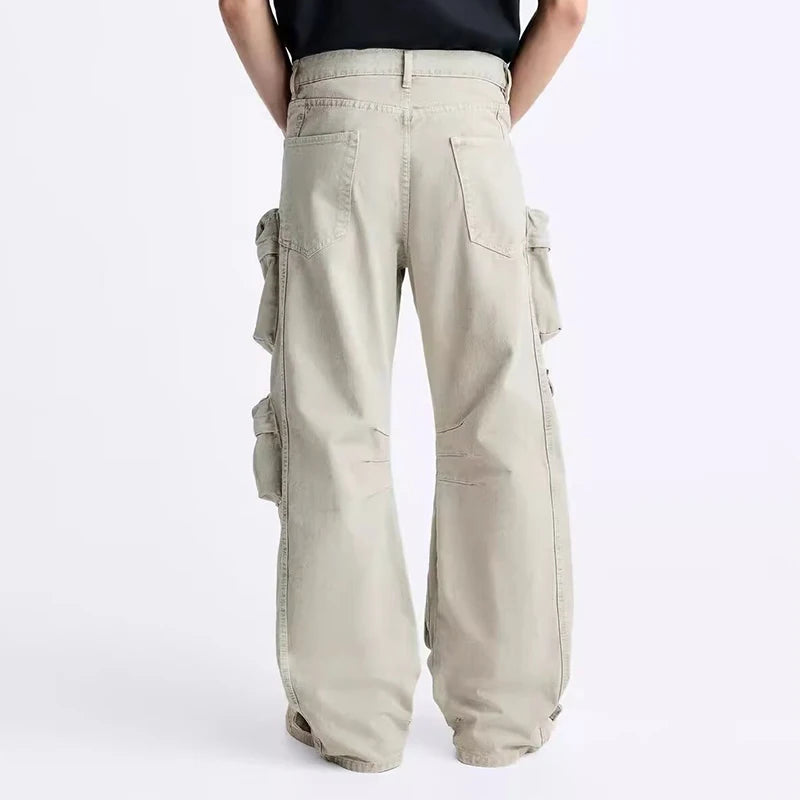 Spring Cargo Pants Men Streetwear Patchwork Straight Pants Casual Men Denim Trousers