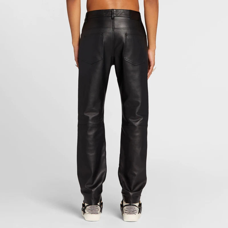 Black genuine leather casual personalized spring and autumn pants for men