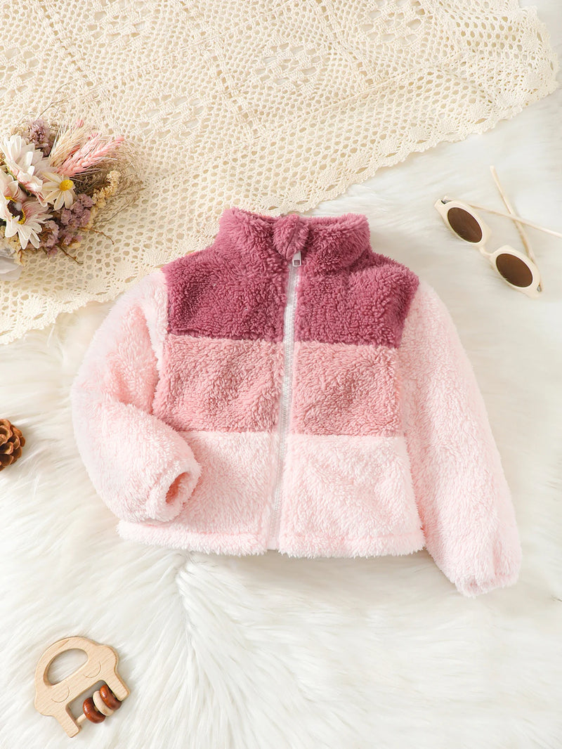 Kids Girl Plush Overcoat Long Sleeves Lapel Zippered Coat for Winter Outdoor Wear Blocking Warm Top