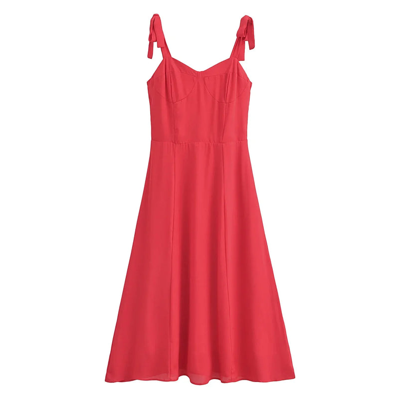 Summer French Solid Red Women Dress Bodycon Tie Bow Strap Sleeveless Dress Sexy Beach Women Party Dress Vintage Female