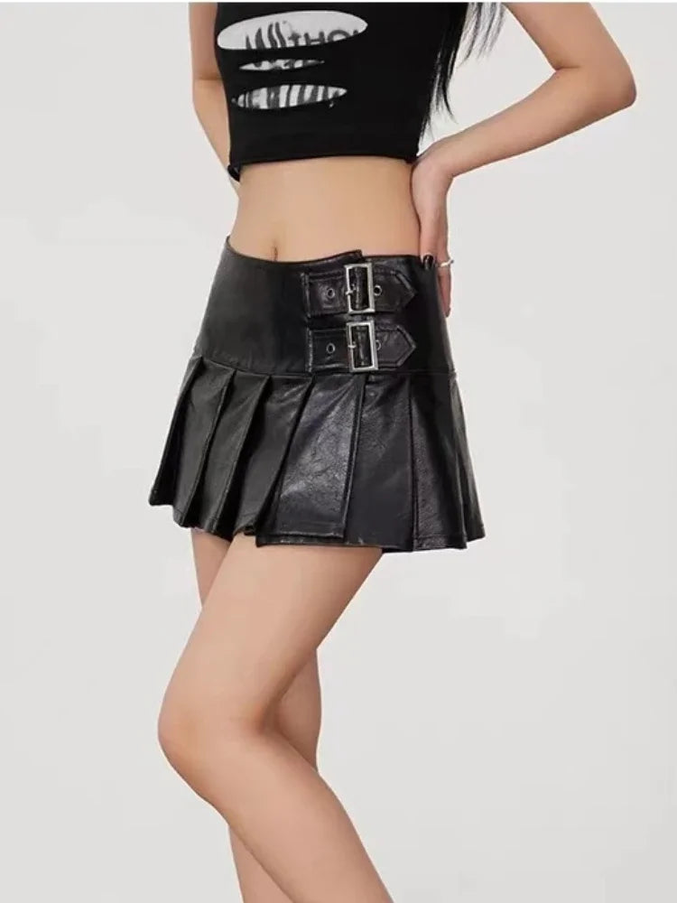 Leather Mini Skirt Women Punk Style Low Waist Patchwork Pleated Skirt Vintage Streetwear Autumn