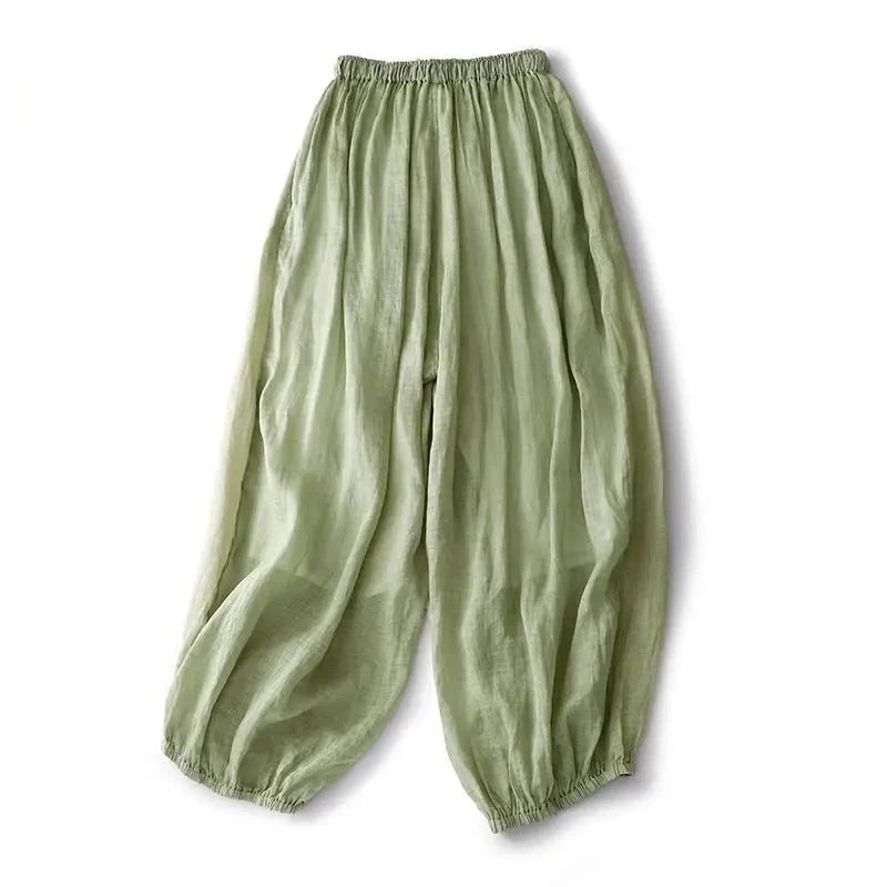 Bloomers Green Solid Casual Elastic High Waist Wide-Leg Loose Women's Pants Ankle-Length Pants For Women