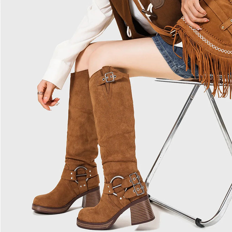 Wasteland Style Motorcycle Boots Suede Knee High Boots Women Block High Heels Boot Shoes