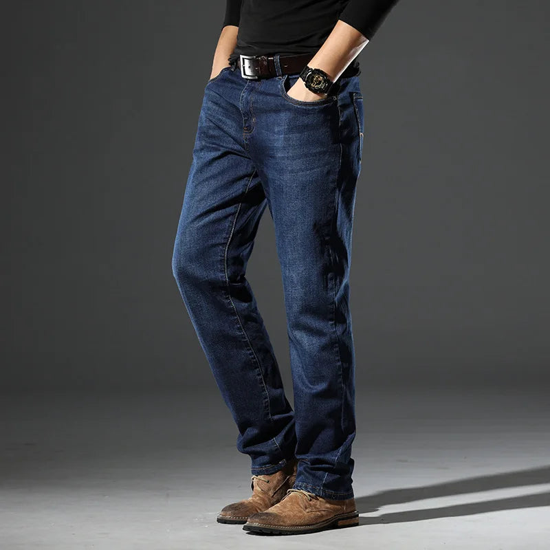 Spring and Autumn Men Mid Rise Straight Leg Jeans Elastic Business Casual Pants