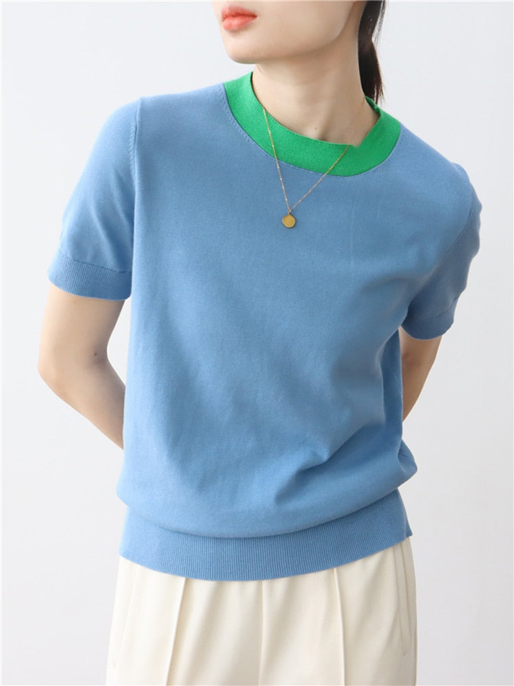 Woman Contrast Crew Neck Short Sleeve T-shirt High Quality Knitting Tops