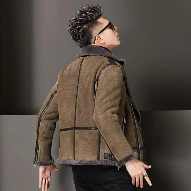 Men Shearling Jacket Men Brown Short Coat Lapel Collar