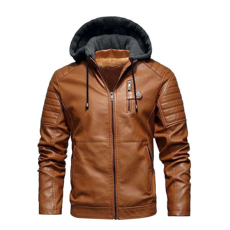 Autumn and Winter Leather Jacket for Men Jacket for Men Motorcycle Jacket with Velvet Hooded