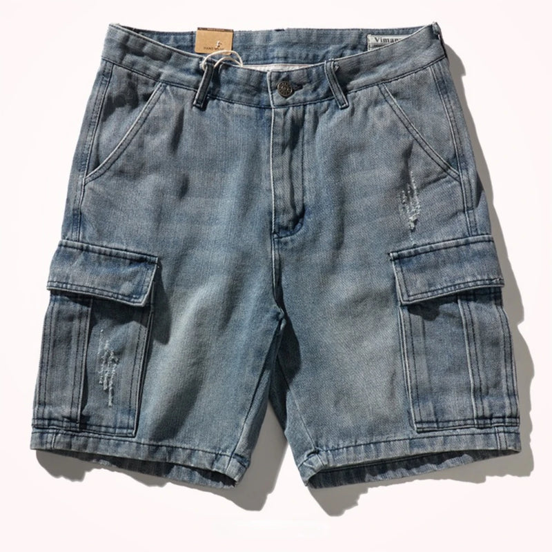 Shorts for denim men's tooling cat's whiskers straight pants retro