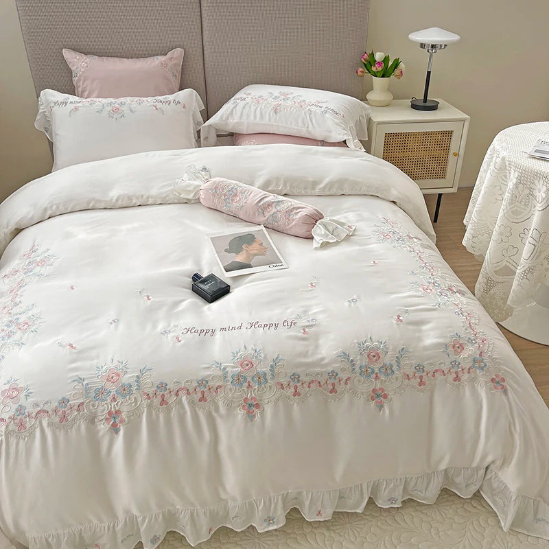 Summer 60 double-sided Silk four piece set girl's heart Ruffle quilt cover cool feeling naked Quilt cover