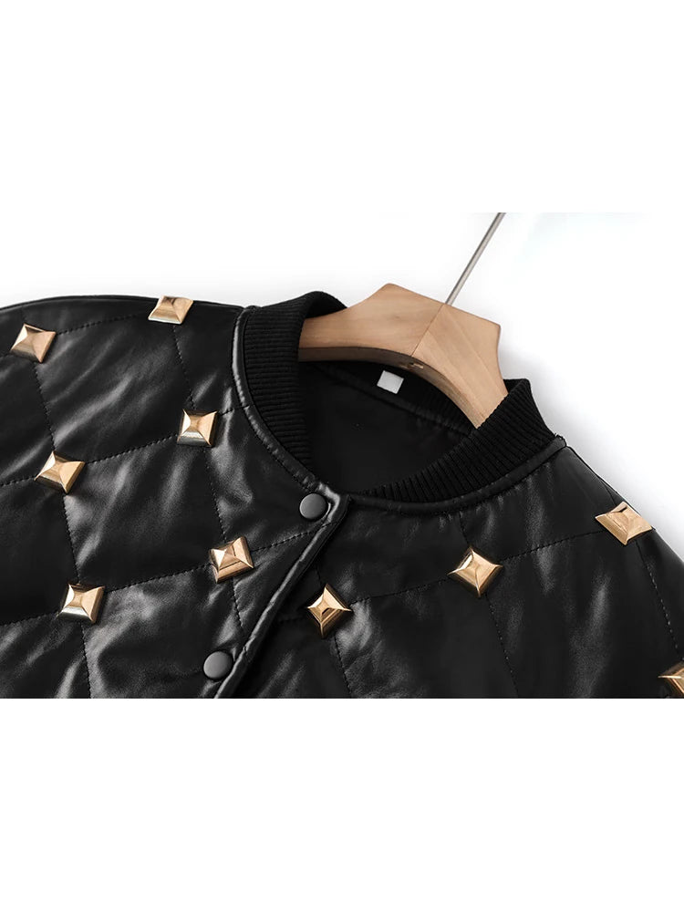 Winter Designer Jacket Women's Rivet Buckle Stand Collar Threaded Splicing Leather Jacket