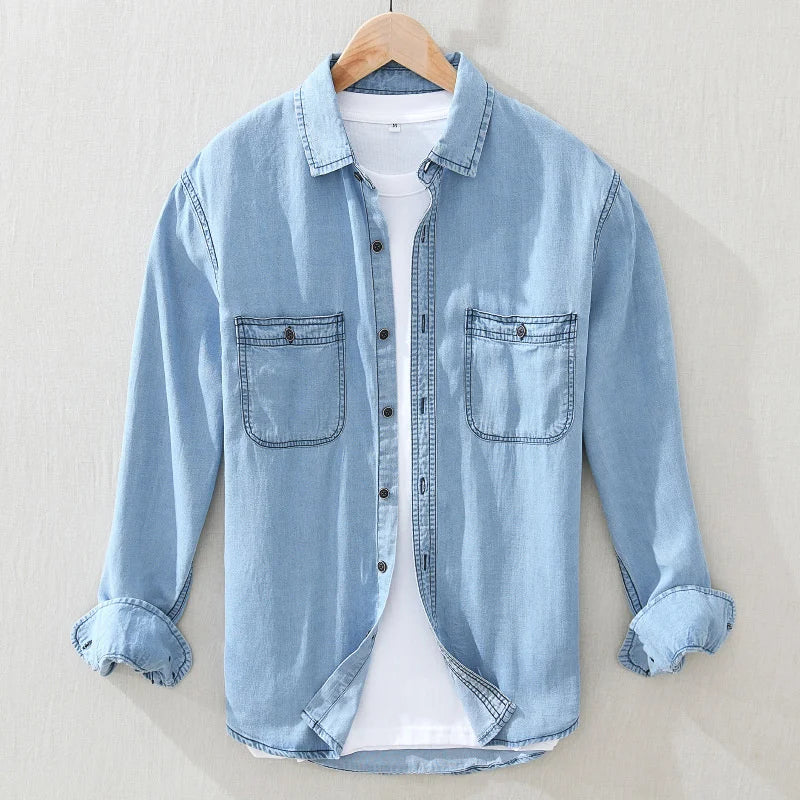 Men's Cotton Linen Shirt Long Sleeve Classic Denim Blouse Simple Male Casual Tops Shirts Coats