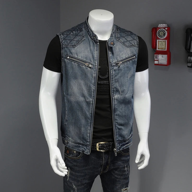 Mens Denim Design Retor Jackets Men Streetwear Ripped Hole Punk Jean Waistcoats Clothing