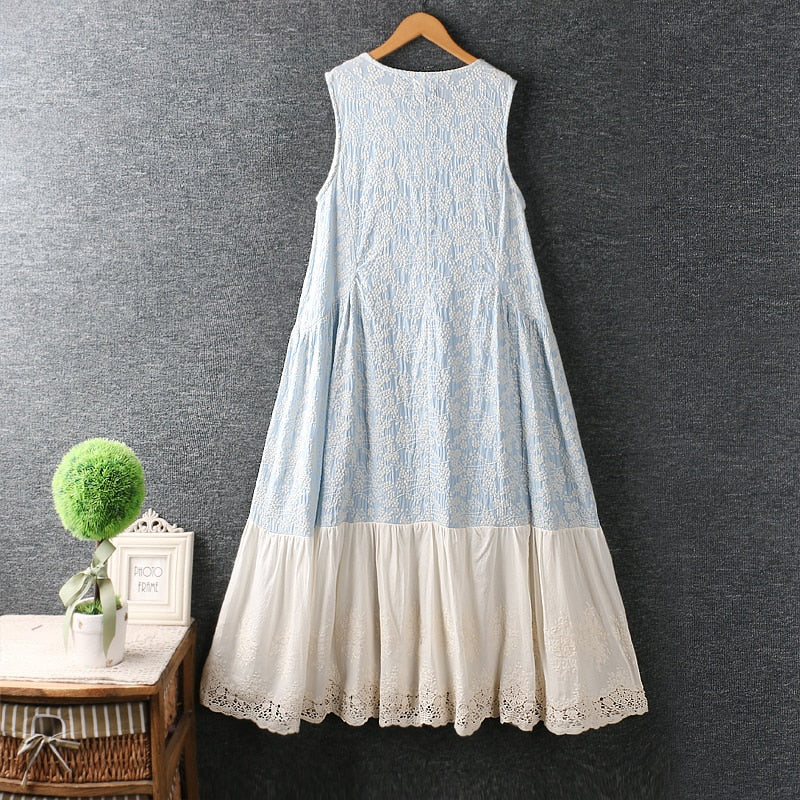 Summer Sweet Embroidered Dress Women Round Neck Casual Sleeveless Dress