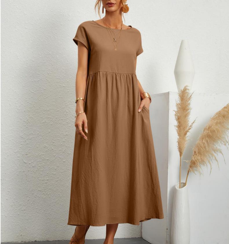 Women Short Sleeve Maxi Dresses Women O Neck Cotton Linen Long Dress Casual Loose Dress with Pocket