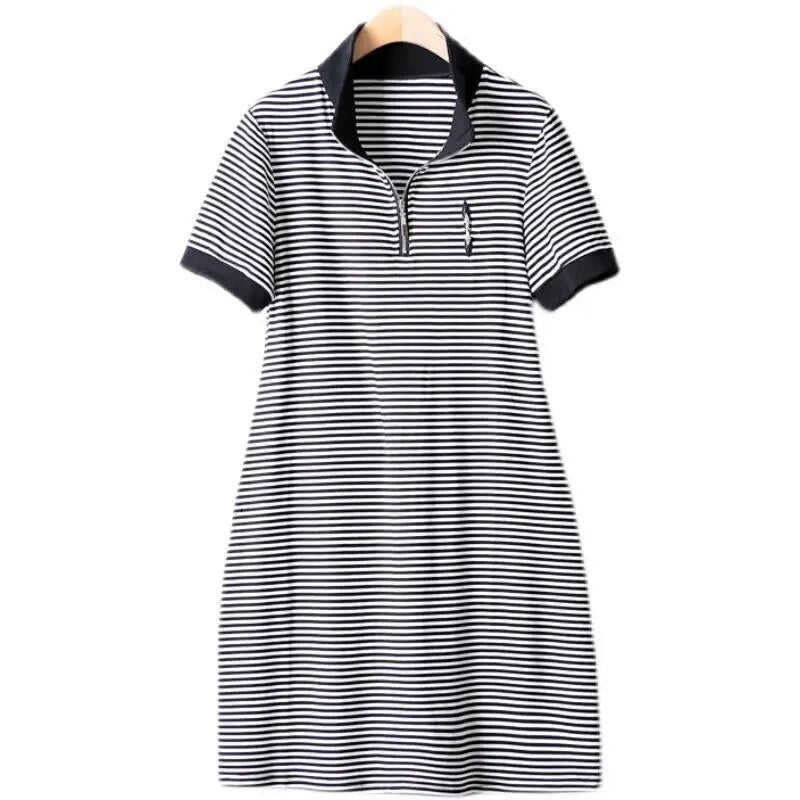 Summer Women's Dresses Classic Horizontal Pinstripe Stand Collar