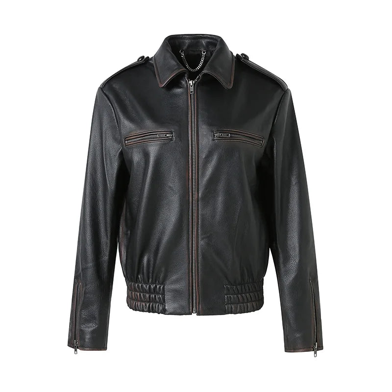 Genuine Leather Moto Jacket Coat Lady Biker Bomber Jacket