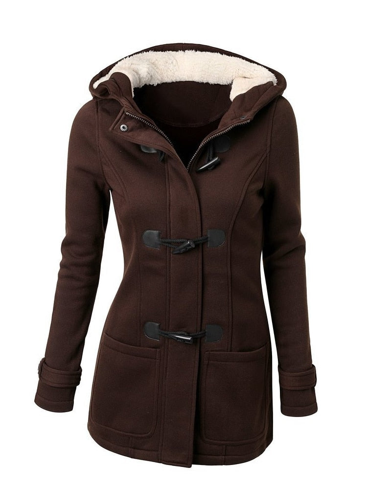 Women Trench Jacket Hooded Long Sleeve Coat Female Spring Solid Horn Button Ladies Zipper Outwears