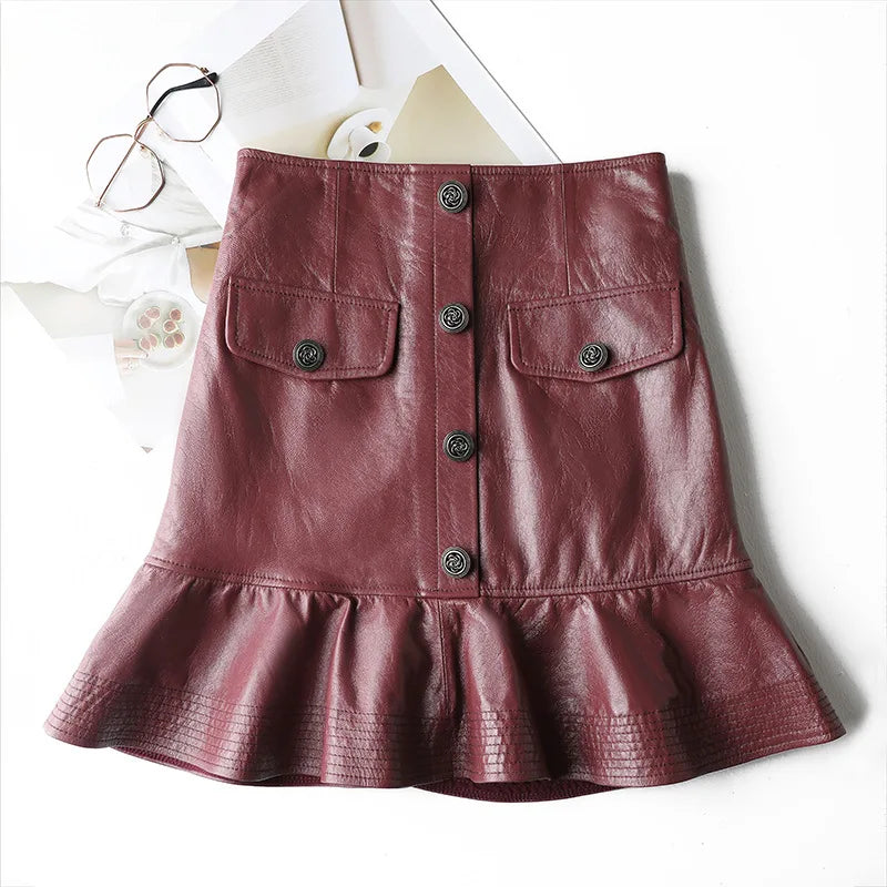 Women Leather Mini Skirt Female Lotus Leaf Swing Burgundy Short Wrap