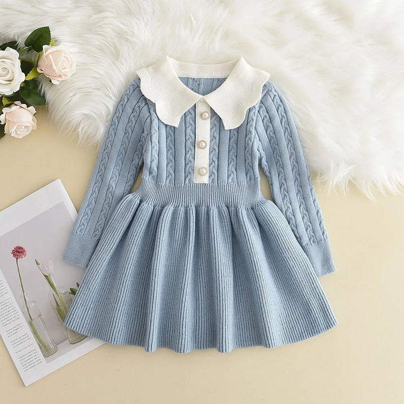 Winter Girls Knitting Wool Long Sleeve Dress Autumn Girls Baby Ruffle Knitted Princess Sweater Dress Casual Clothes