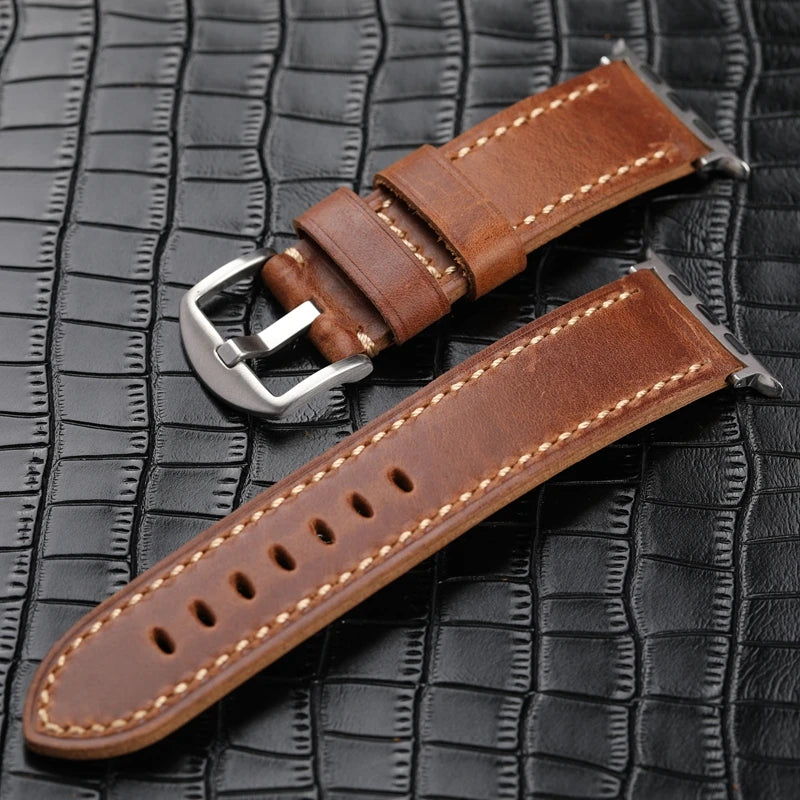 handmade Italian First Leather Watchband For Apple Watch 49mm 45mm iwatch7/8ultra Light Brown Calf Men Leather Strap