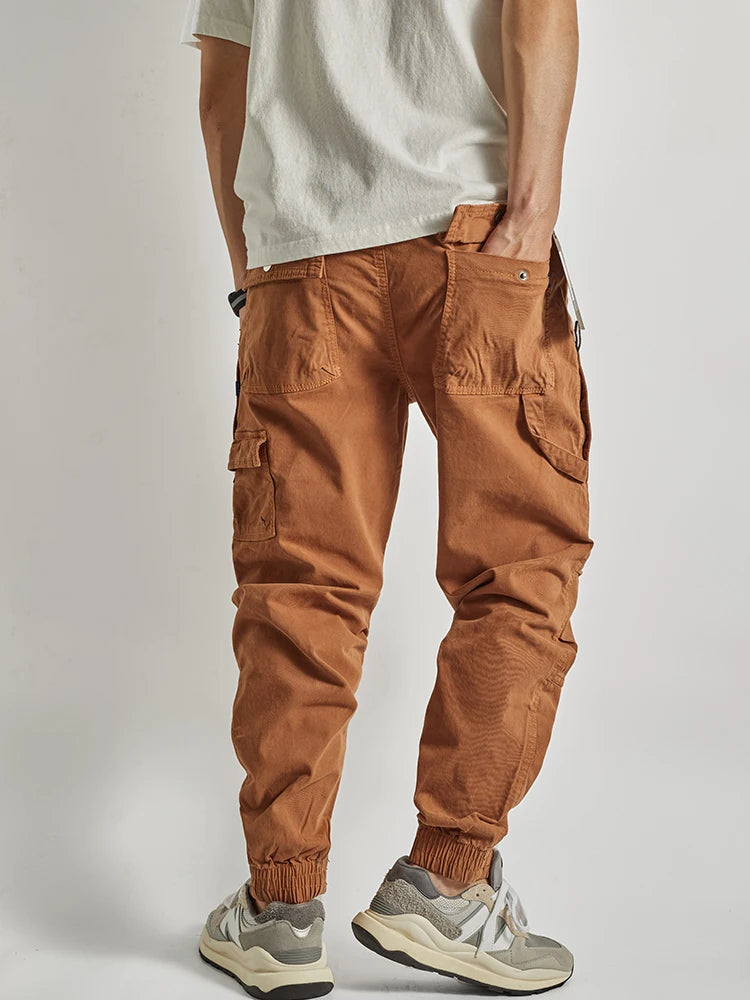 Autumn American Retro Woven Cargo Pants Men's Washed Elastic Waist Drawstring Loose Casual Ankle-tied Trousers