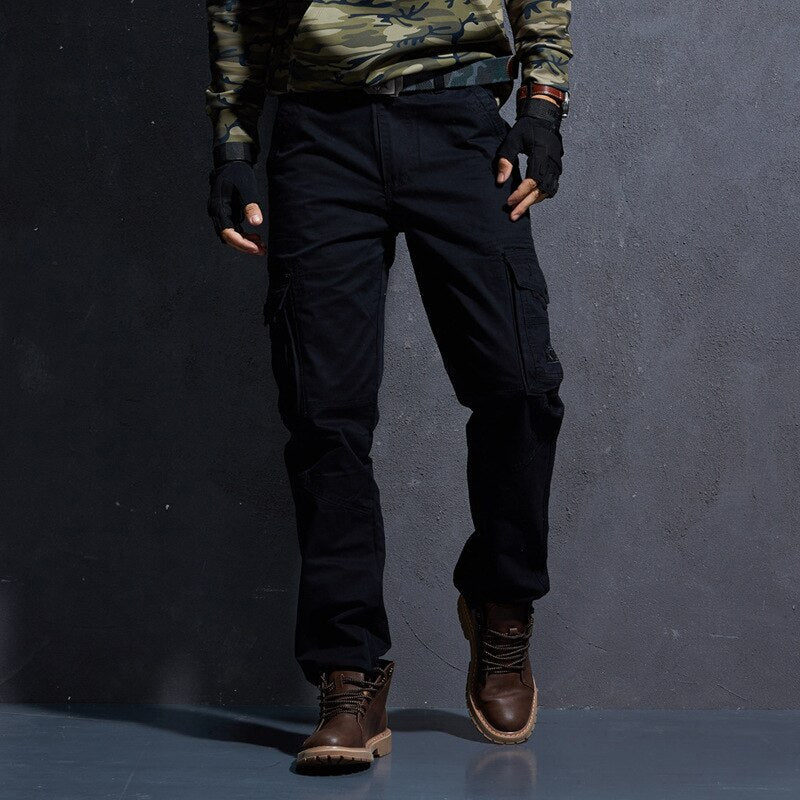 Men Mid Waist Straight Military Style Casual Cargo Pants Multi Pocket Overalls Trouser Male