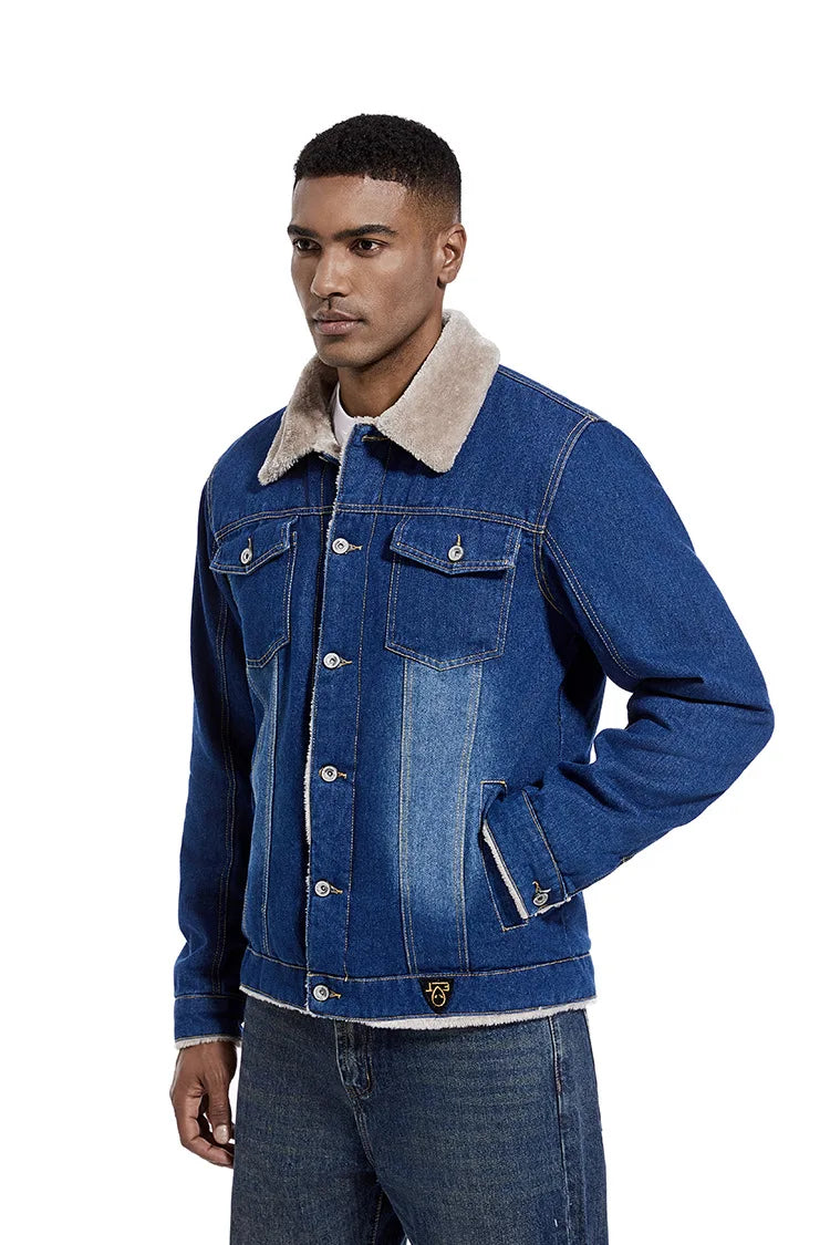 Men Denim Jacket  Thickened Fleece-Lined Casual European and American Retro Jacket