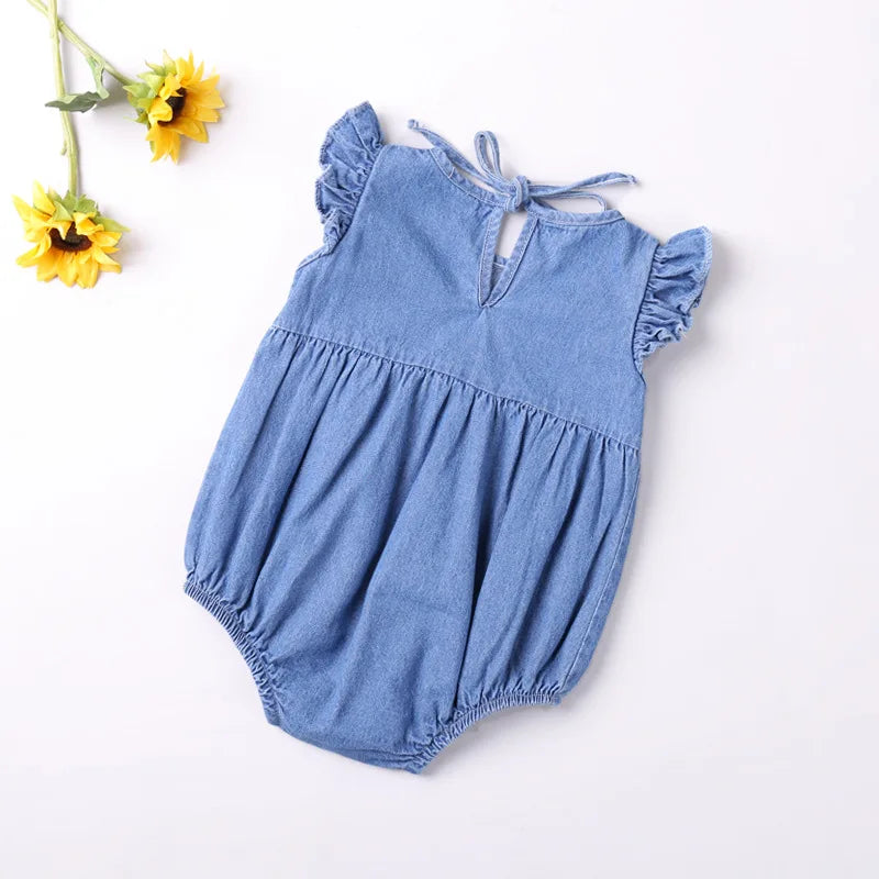 Baby Girls Rompers Toddler Ruffles Romper Cotton Denim Fly Sleeveless Summer