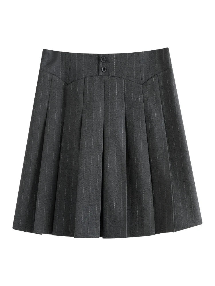 Grey Pleated Skirt for Women Summer High-waist Design Striped A-line Skirt Female